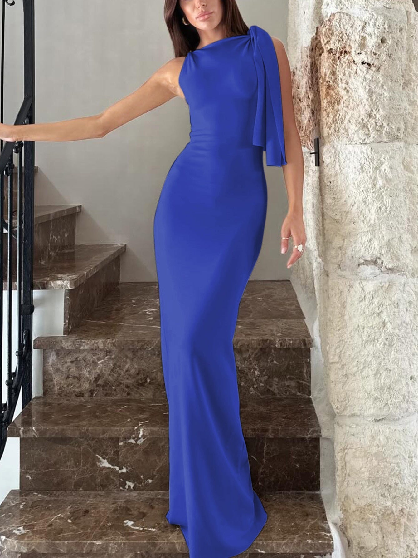 One Shoulder Ribbon Long Dress INS Fashion Slim Sleeveless Dresses