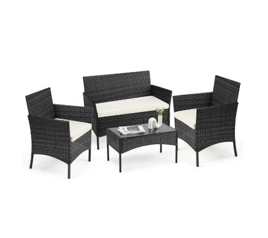 Patio Furniture Set 4 Pieces, Outdoor Furniture With Glass Table, Weaving Wicker Rattan Patio Chairs For Garden, Terrace, Porch, Lawns