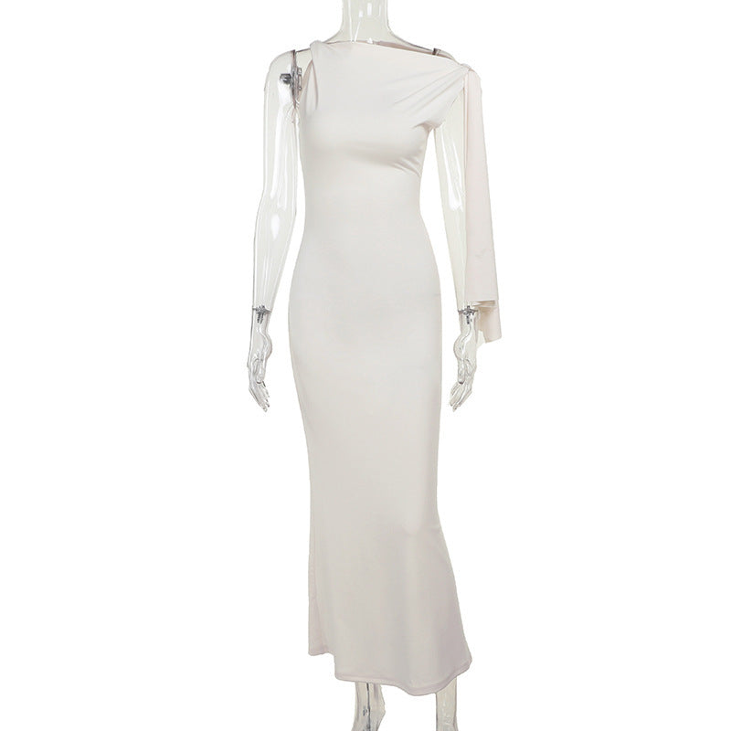 One Shoulder Ribbon Long Dress INS Fashion Slim Sleeveless Dresses