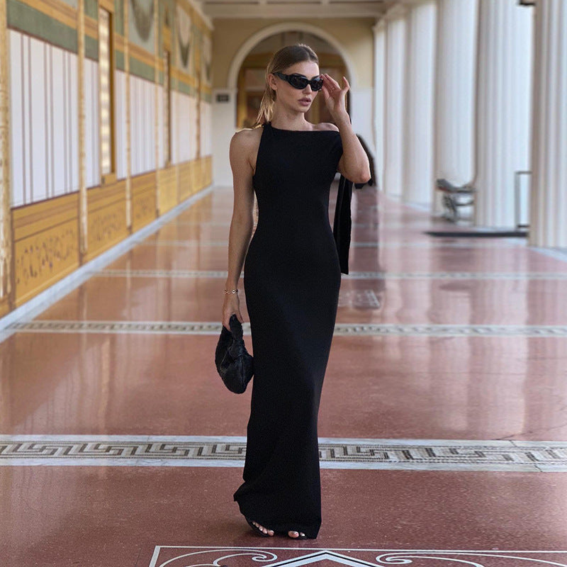 One Shoulder Ribbon Long Dress INS Fashion Slim Sleeveless Dresses