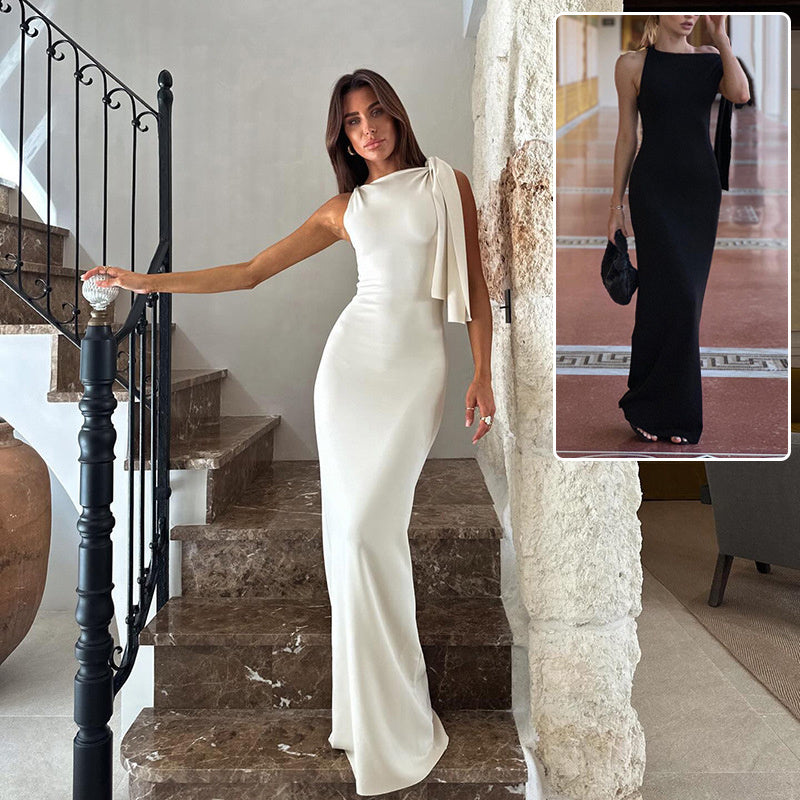 One Shoulder Ribbon Long Dress INS Fashion Slim Sleeveless Dresses