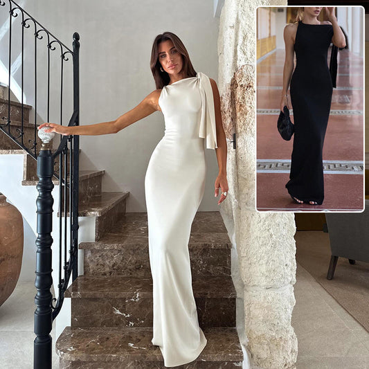 One Shoulder Ribbon Long Dress INS Fashion Slim Sleeveless Dresses