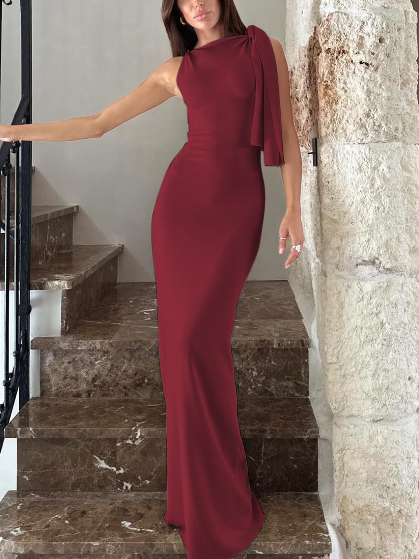 One Shoulder Ribbon Long Dress INS Fashion Slim Sleeveless Dresses