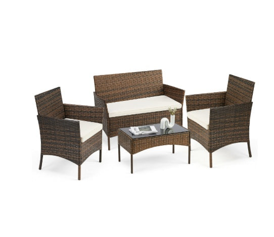 Patio Furniture Set 4 Pieces, Outdoor Furniture With Glass Table, Weaving Wicker Rattan Patio Chairs For Garden, Terrace, Porch, Lawns