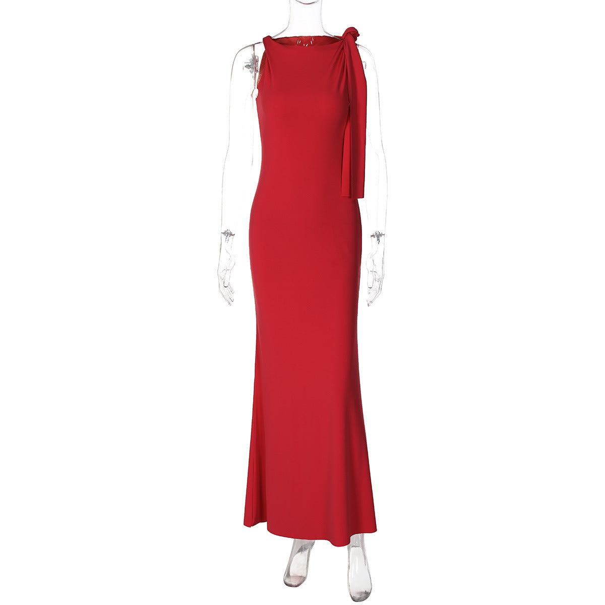 One Shoulder Ribbon Long Dress INS Fashion Slim Sleeveless Dresses