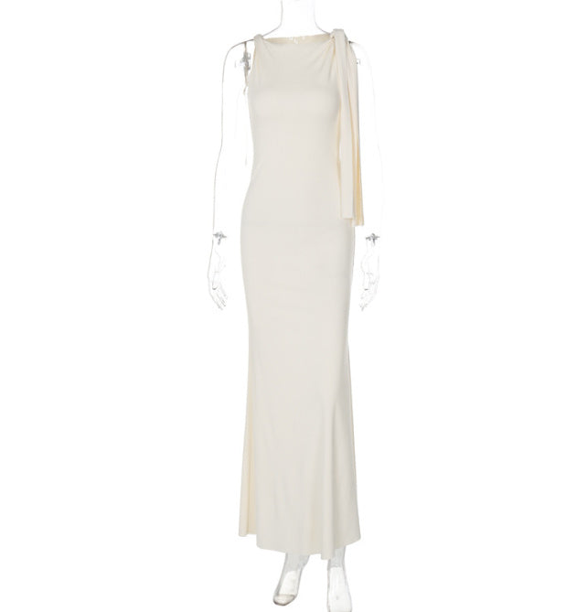One Shoulder Ribbon Long Dress INS Fashion Slim Sleeveless Dresses